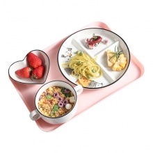 一人食餐具套装陶瓷分格餐盘带碗托盘家用分隔三格大人减脂早餐盘